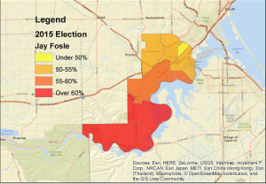 2015 5th District city council race, Jay Fosle vs. Janet Kennedy, shown in terms of Fosle's vote share