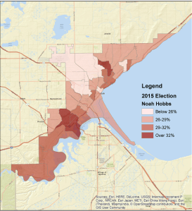 Noah Hobbs' vote share, 2015 city council at large election.